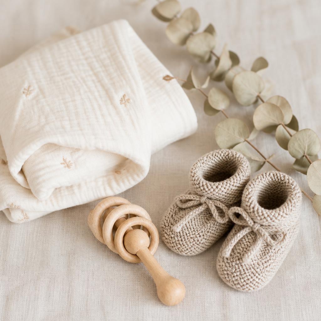 Cream swaddle, wooden rattle, oatmeal knit booties and eucalyptus on linen